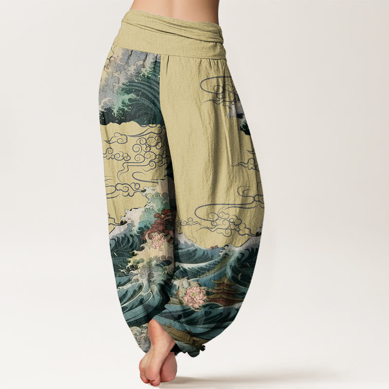 Pantalon Buddha Stones décontracté à taille élastique pour femme, motif lotus en fleurs et vagues - image 5