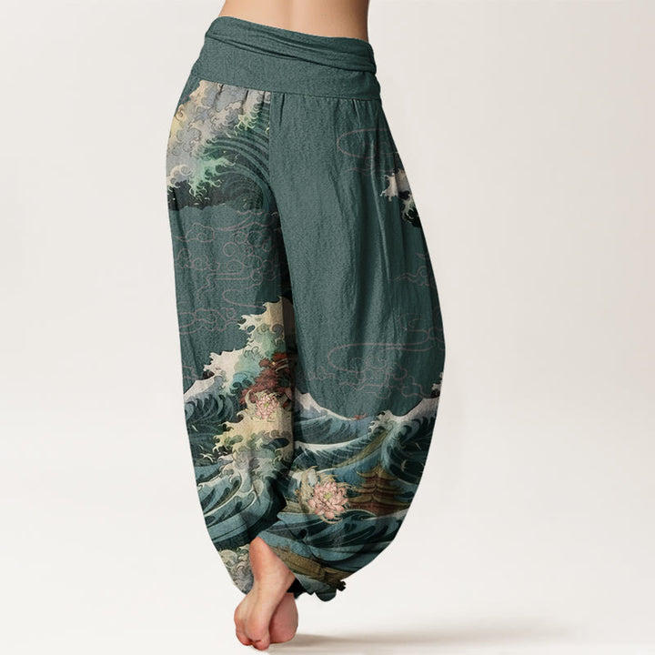 Pantalon Buddha Stones décontracté à taille élastique pour femme, motif lotus en fleurs et vagues - image 9
