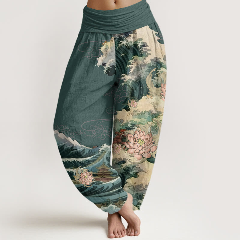 Pantalon harem à taille élastique pour femme, en coton décontracté, motif lotus fleuri et vagues, avec Buddha Stones - Vert d'eau - US22，UK/AU26，EU54 (6XL) - image 7