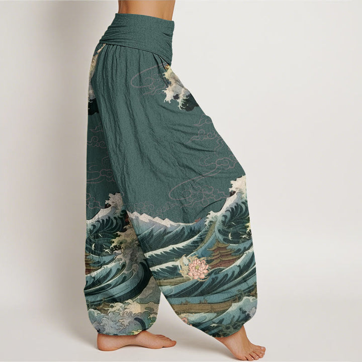 Pantalon harem à taille élastique pour femme, en coton décontracté, motif lotus fleuri et vagues, avec Buddha Stones - image 9