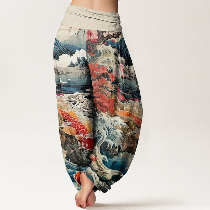 Pantalon harem à taille élastique pour femme, en coton décontracté , Buddha Stones, arbre en fleurs, carpes koï, vagues et montagnes - image 1