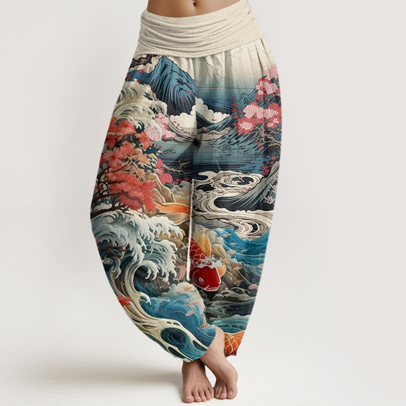 Pantalon Buddha Stones décontracté à taille élastique pour femme, motif arbre en fleurs, poisson koï, vagues et montagnes - Beige - US22，UK/AU26，EU54 (6XL) - image 1