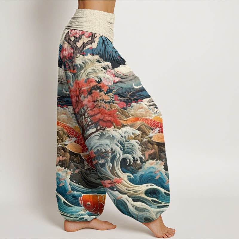 Pantalon harem à taille élastique pour femme, en coton décontracté , Buddha Stones, arbre en fleurs, carpes koï, vagues et montagnes - image 2