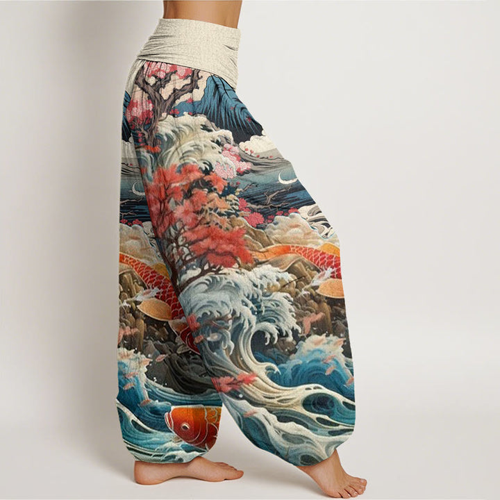 Pantalon harem à taille élastique pour femme, en coton décontracté , Buddha Stones, arbre en fleurs, carpes koï, vagues et montagnes - image 2