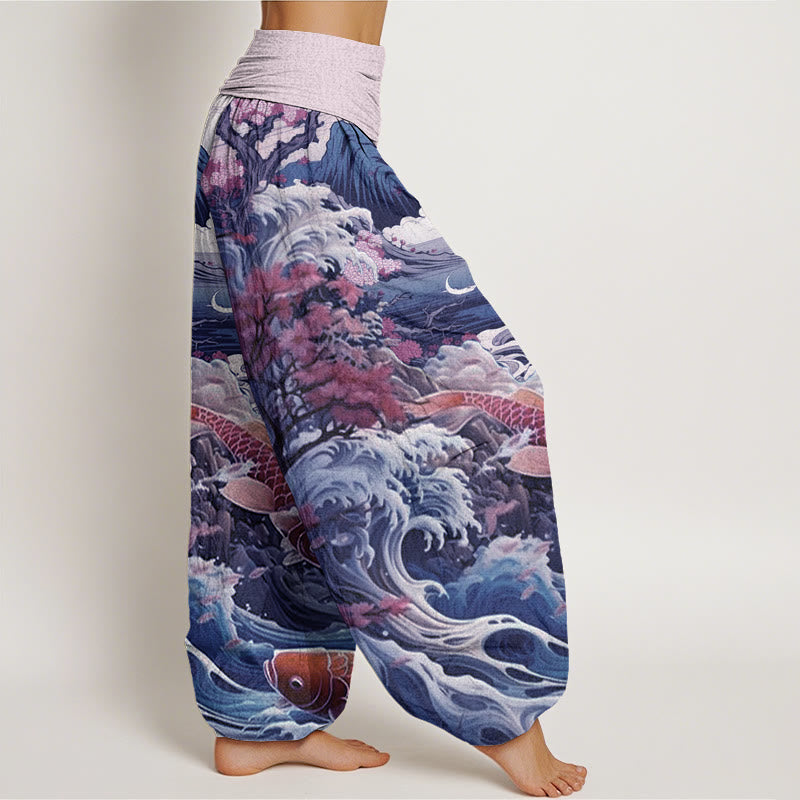 Pantalon harem à taille élastique pour femme, en coton décontracté , Buddha Stones, arbre en fleurs, carpes koï, vagues et montagnes - image 6