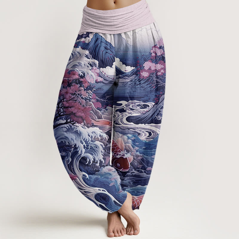 Pantalon harem à taille élastique pour femme, en coton décontracté , Buddha Stones, arbre en fleurs, carpes koï, vagues et montagnes - Prune - US22，UK/AU26，EU54 (6XL) - image 4