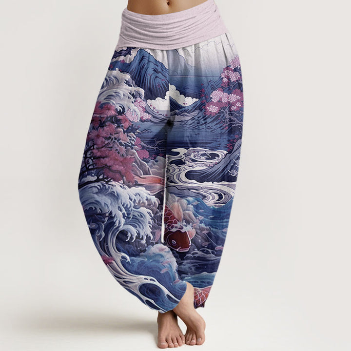 Pantalon harem à taille élastique pour femme, en coton décontracté , Buddha Stones, arbre en fleurs, carpes koï, vagues et montagnes - Prune - US22，UK/AU26，EU54 (6XL) - image 4