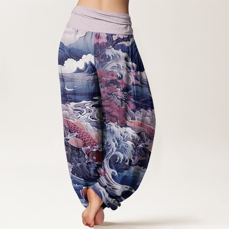 Pantalon harem à taille élastique pour femme, en coton décontracté , Buddha Stones, arbre en fleurs, carpes koï, vagues et montagnes - image 5