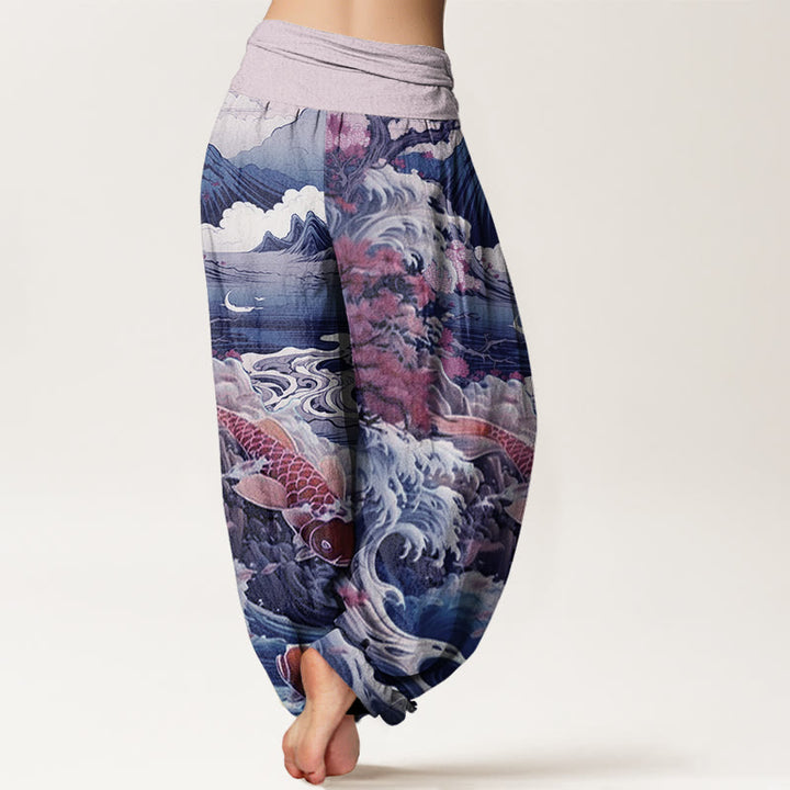 Pantalon harem à taille élastique pour femme, en coton décontracté , Buddha Stones, arbre en fleurs, carpes koï, vagues et montagnes - image 5