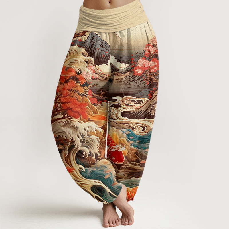 Pantalon harem à taille élastique pour femme, en coton décontracté , Buddha Stones, arbre en fleurs, carpes koï, vagues et montagnes - Jaune d'or pâle - US22，UK/AU26，EU54 (6XL) - image 7