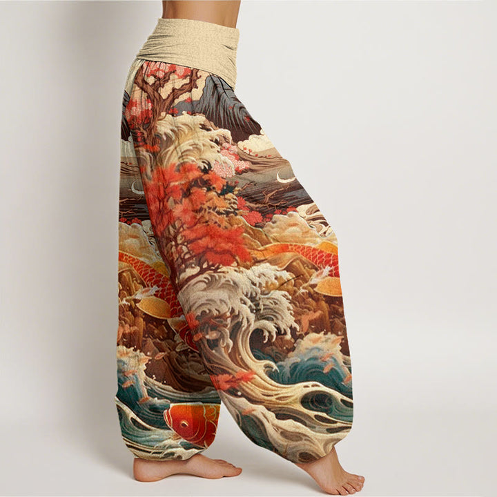 Pantalon harem à taille élastique pour femme, en coton décontracté , Buddha Stones, arbre en fleurs, carpes koï, vagues et montagnes - image 9