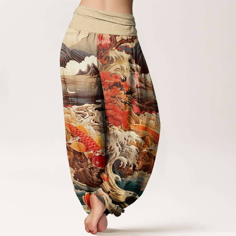Pantalon harem à taille élastique pour femme, en coton décontracté , Buddha Stones, arbre en fleurs, carpes koï, vagues et montagnes - image 8