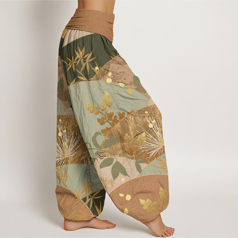 Pantalon harem à taille élastique pour femme, en coton à motif de feuilles en demi-cercle et Buddha Stones - image 2