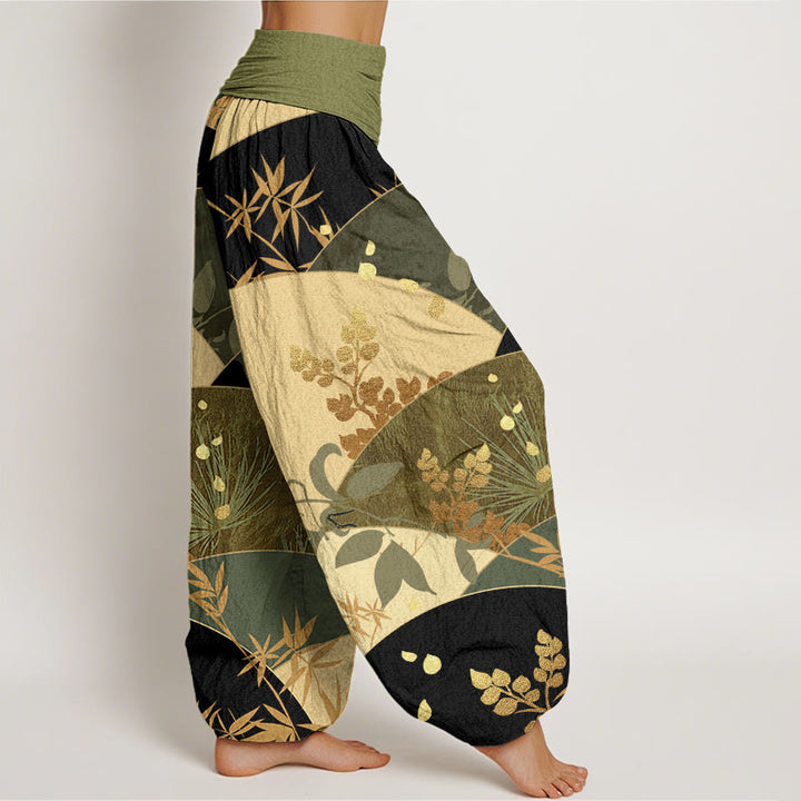 Pantalon harem à taille élastique pour femme, en coton à motif de feuilles en demi-cercle et Buddha Stones - image 9