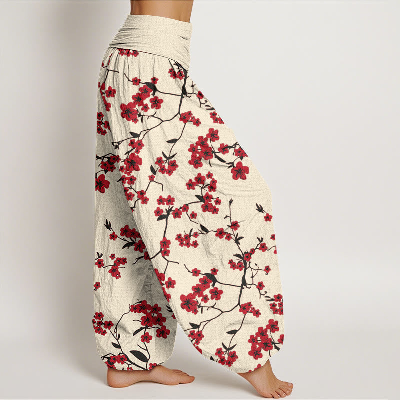 Pantalon sarouel taille élastique pour femme avec motif de fleurs de pêcher rouges et Buddha Stones - image 3