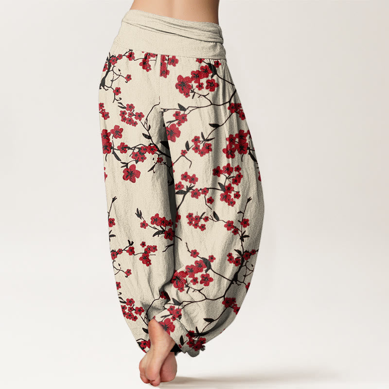 Pantalon sarouel taille élastique pour femme avec motif de fleurs de pêcher rouges et Buddha Stones - image 1
