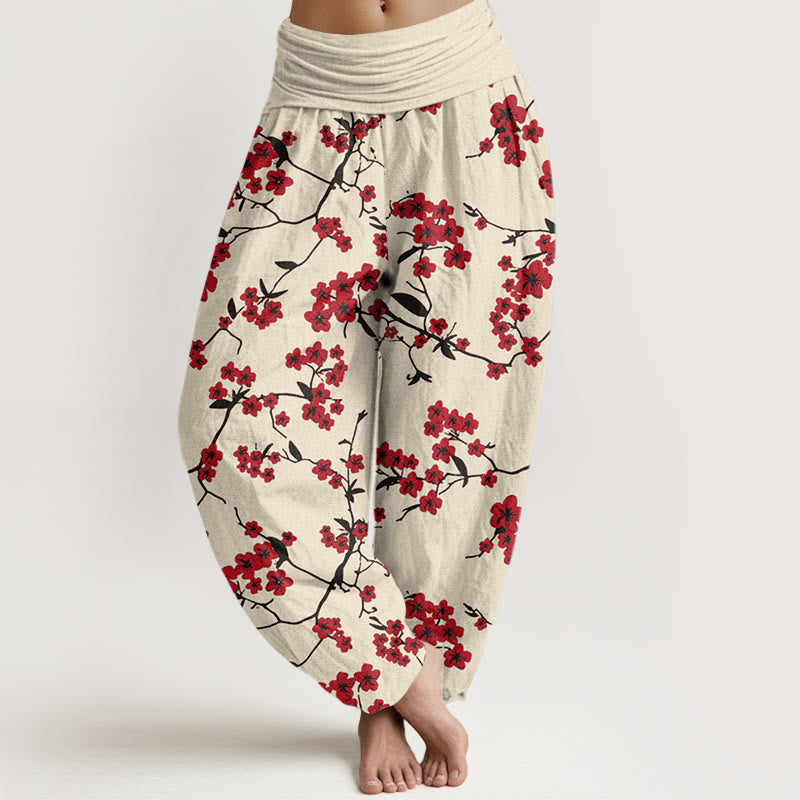 Pantalon sarouel taille élastique pour femme avec motif de fleurs de pêcher rouges et Buddha Stones - Jaune doré clair - US22，UK/AU26，EU54 (6XL) - image 0