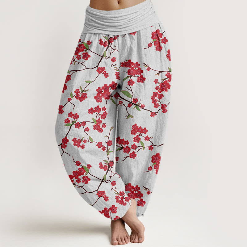 Pantalon sarouel taille élastique pour femme avec motif de fleurs de pêcher rouges et Buddha Stones - Gainsboro - US22，UK/AU26，EU54 (6XL) - image 5