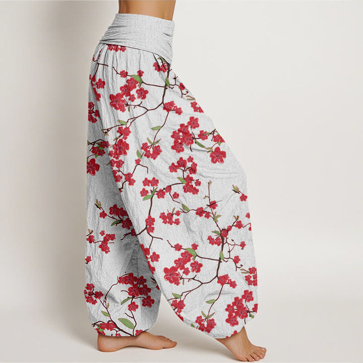 Pantalon harem à taille élastique pour femme, en coton rouge à motif de fleurs de pêcher et Buddha Stones - image 6