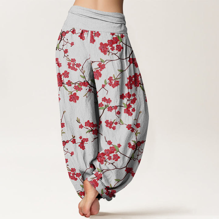 Pantalon sarouel taille élastique pour femme avec motif de fleurs de pêcher rouges et Buddha Stones - image 5