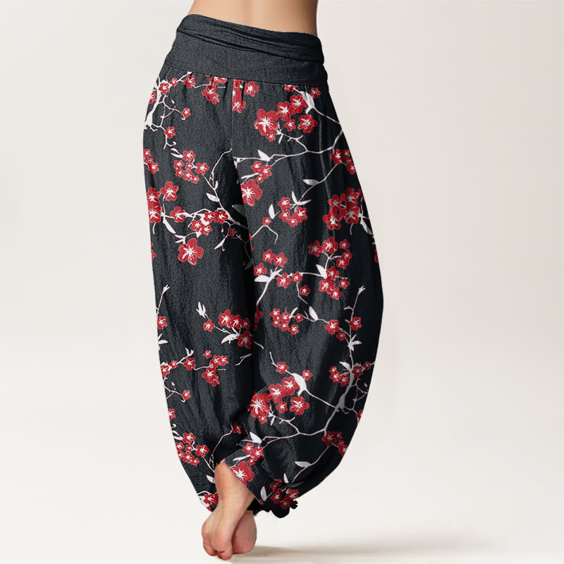 Pantalon sarouel taille élastique pour femme avec motif de fleurs de pêcher rouges et Buddha Stones - image 9