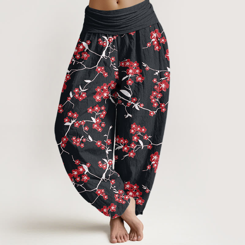 Pantalon sarouel taille élastique pour femme avec motif de fleurs de pêcher rouges et Buddha Stones - Noir - US22，UK/AU26，EU54 (6XL) - image 8