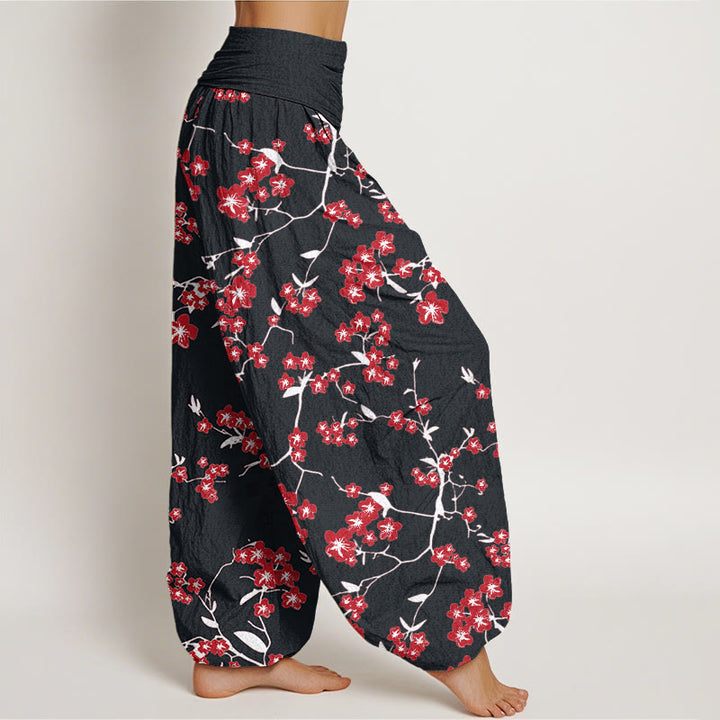 Pantalon sarouel taille élastique pour femme avec motif de fleurs de pêcher rouges et Buddha Stones - image 9