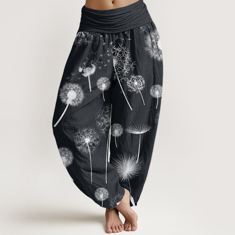 Pantalon harem décontracté en coton à motif pissenlit et Buddha Stones, taille élastique, pour femme - Noir - US22，UK/AU26，EU54 (6XL) - image 0