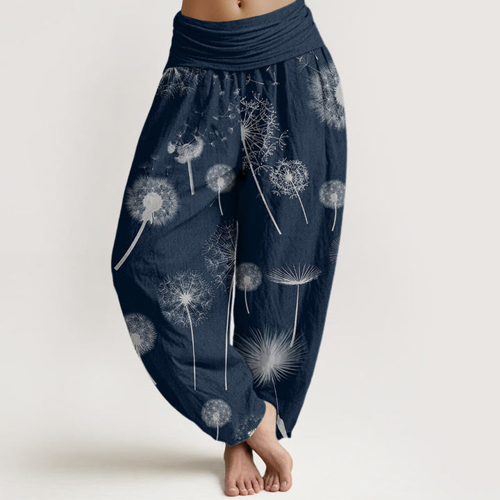 Pantalon sarouel décontracté à taille élastique pour femme avec motif pissenlit et Buddha Stones - Bleu nuit - US22，UK/AU26，EU54 (6XL) - image 4