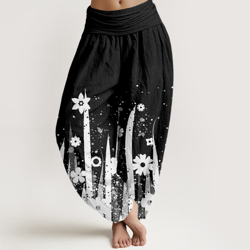 Pantalon sarouel décontracté à taille élastique pour femme avec motif de fleurs blanches et de pierres de Buddha Stones - Noir - US22，UK/AU26，EU54 (6XL) - image 1