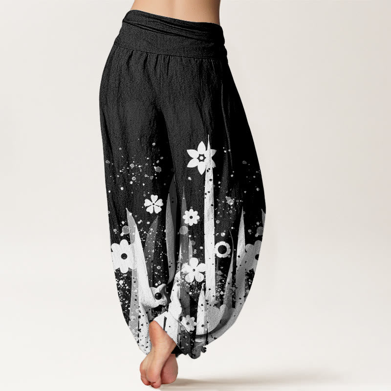 Pantalon sarouel décontracté à taille élastique pour femme avec motif de fleurs blanches et de pierres de Buddha Stones - image 2
