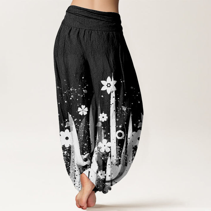 Pantalon sarouel décontracté à taille élastique pour femme avec motif de fleurs blanches et de pierres de Buddha Stones - image 2