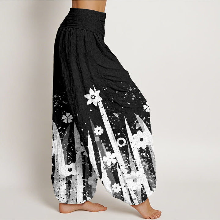 Pantalon sarouel décontracté à taille élastique pour femme avec motif de fleurs blanches et de pierres de Buddha Stones - image 3