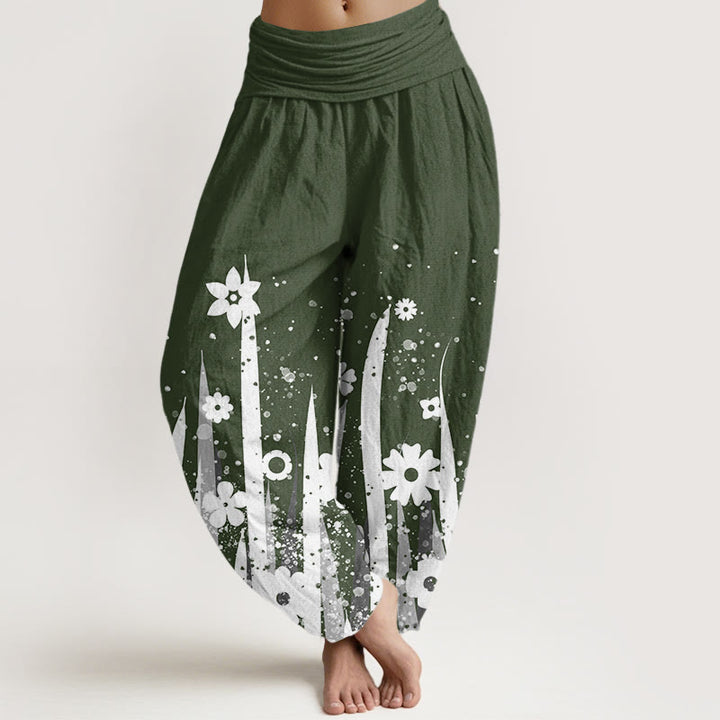 Pantalon sarouel décontracté à taille élastique pour femme avec motif de fleurs blanches et de pierres de Buddha Stones - Vert foncé - US22，UK/AU26，EU54 (6XL) - image 5