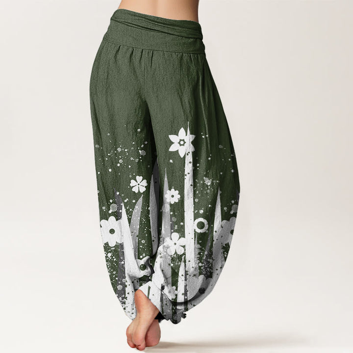 Pantalon sarouel décontracté à taille élastique pour femme avec motif de fleurs blanches et de pierres de Buddha Stones - image 6