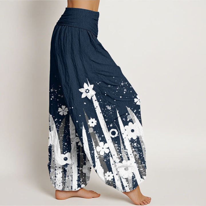 Pantalon sarouel décontracté à taille élastique pour femme avec motif de fleurs blanches et de pierres de Buddha Stones - image 10