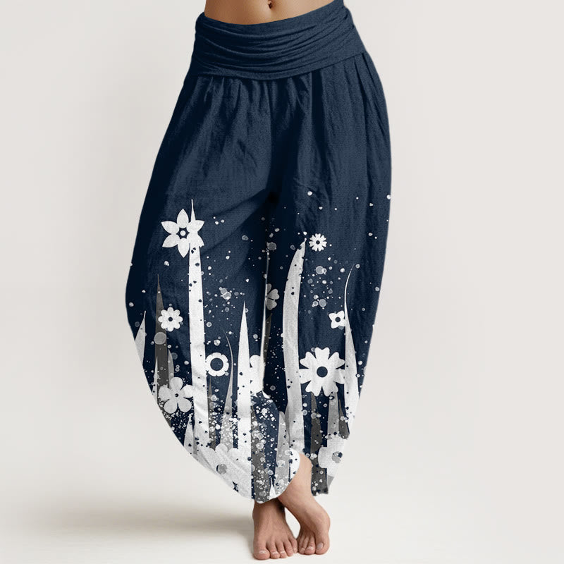 Pantalon sarouel décontracté à taille élastique pour femme avec motif de fleurs blanches et de pierres de Buddha Stones - Bleu nuit - US22，UK/AU26，EU54 (6XL) - image 8