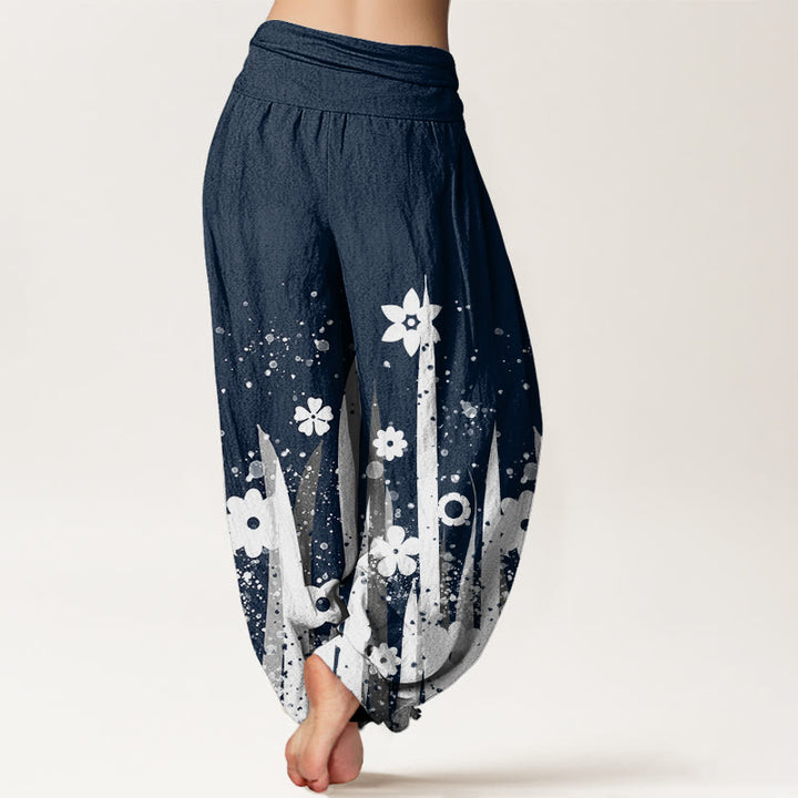 Pantalon sarouel décontracté à taille élastique pour femme avec motif de fleurs blanches et de pierres de Buddha Stones - image 9