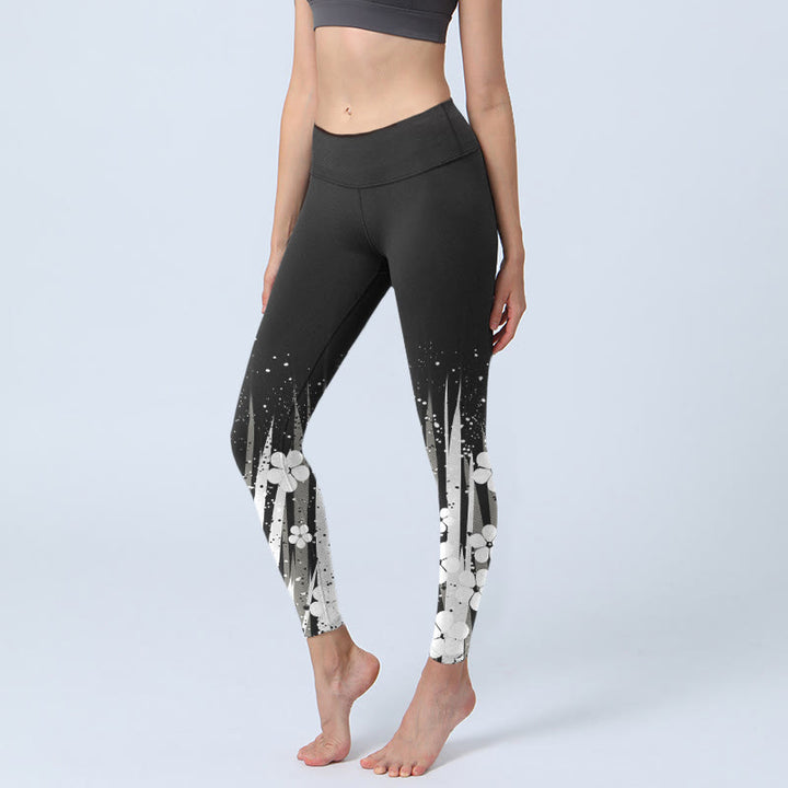 Leggings de sport imprimés Buddha Stones, fleurs blanches et plantes aquatiques, pantalons de yoga pour femmes - Noir - US18，UK/AU22，EU50 (4XL) - image 0