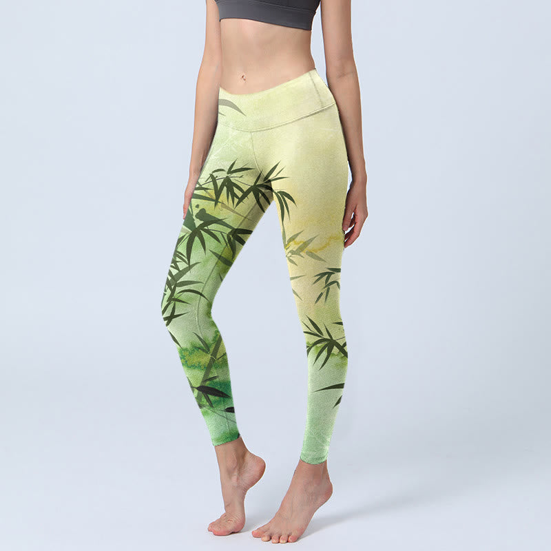 Leggings de sport imprimés Buddha Stones et bambous en fleurs pour femmes - JauneVert - US18，UK/AU22，EU50 (4XL) - image 0