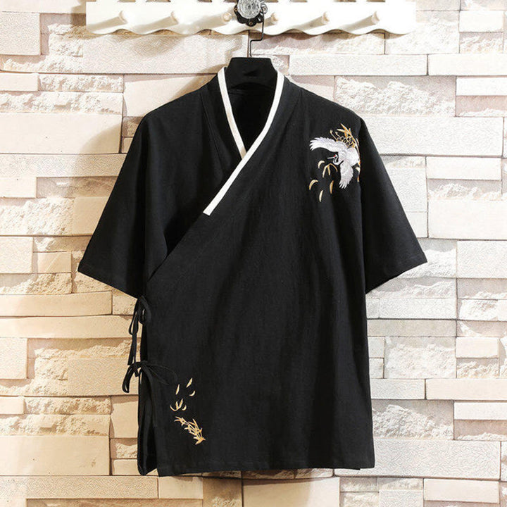 T-shirt en coton et lin pour homme, broderie de grues, motif Buddha Stones , avec lacets sur le côté