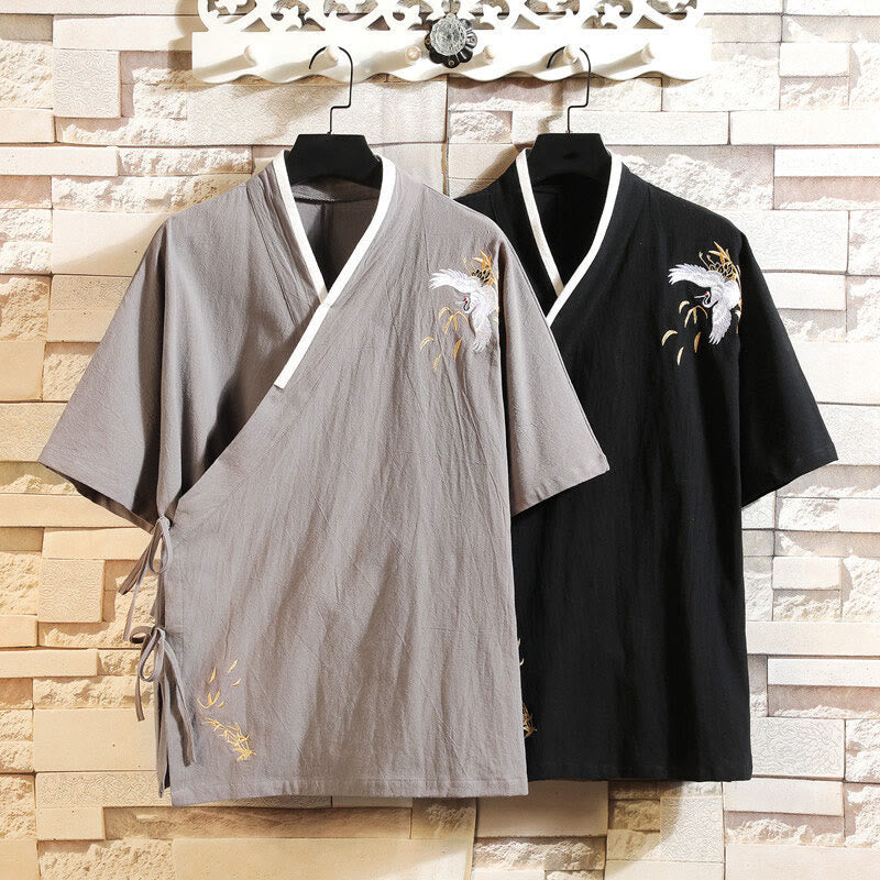 T-shirt en coton et lin pour homme, broderie de grues, motif Buddha Stones , avec lacets sur le côté