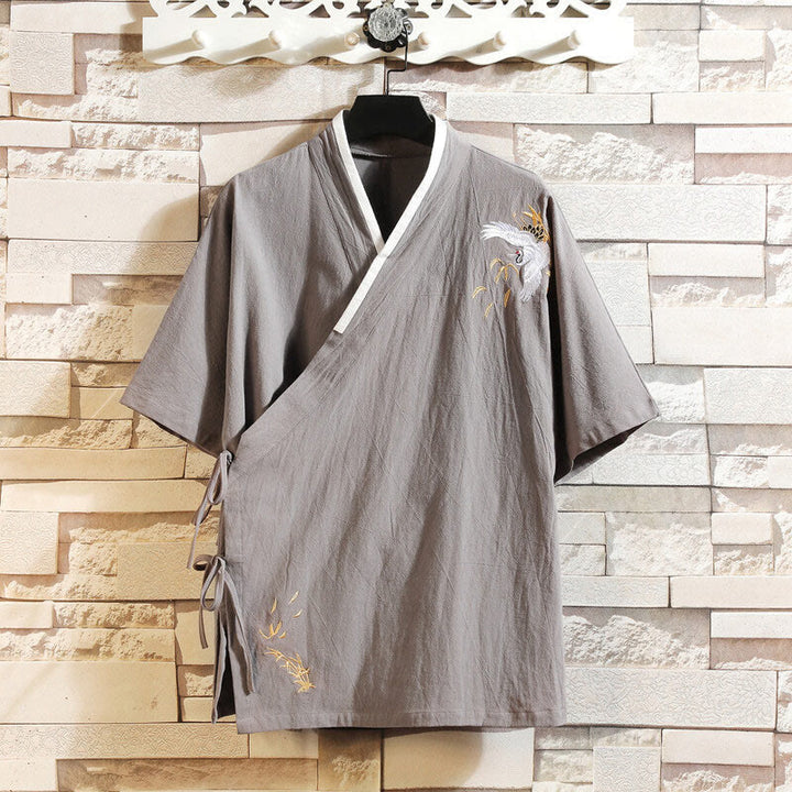 T-shirt en coton et lin pour homme, broderie de grues, motif Buddha Stones , avec lacets sur le côté