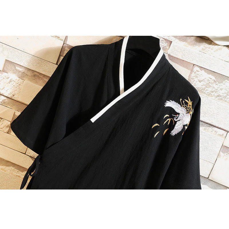 T-shirt en coton et lin pour homme, broderie de grues, motif Buddha Stones , avec lacets sur le côté