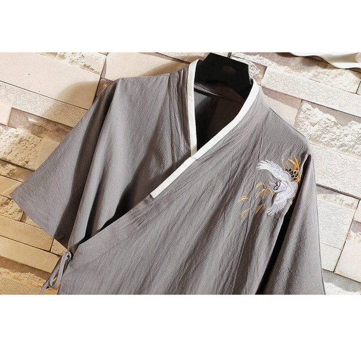 T-shirt en coton et lin pour homme, broderie de grues, motif Buddha Stones , avec lacets sur le côté
