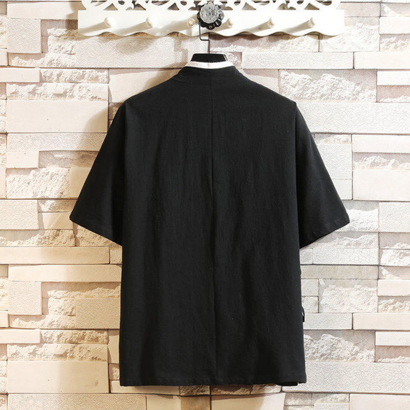 T-shirt en coton et lin pour homme, broderie de grues, motif Buddha Stones , avec lacets sur le côté