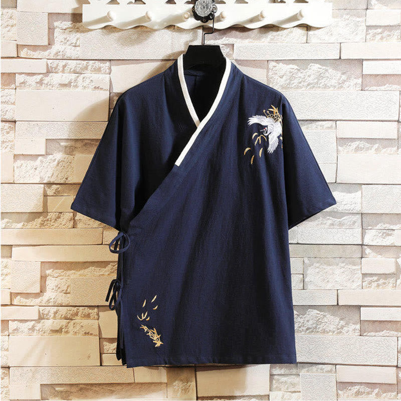 T-shirt en coton et lin pour homme, broderie de grues, motif Buddha Stones , avec lacets sur le côté