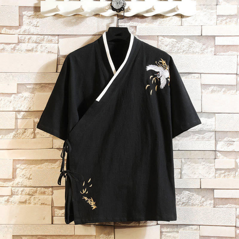 T-shirt à manches courtes en coton et lin pour homme, motif Buddha Stones brodé, avec lacets sur le côté - Noir - US/UK/AU46，EU56 (5XL) - image 0