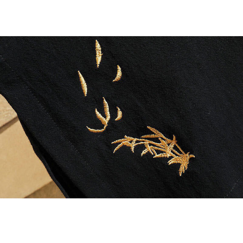 T-shirt en coton et lin pour homme, broderie de grues, motif Buddha Stones , avec lacets sur le côté