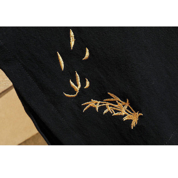 T-shirt en coton et lin pour homme, broderie de grues, motif Buddha Stones , avec lacets sur le côté